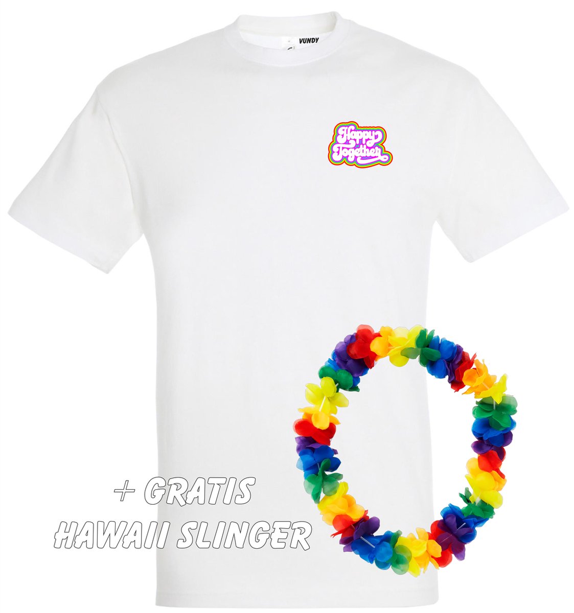 T-shirt Happy Together Regenboog klein | Toppers in Concert 2022 | Toppers kleding shirt | Flower Power | Hippie Jaren 60 | Wit | maat 3XL